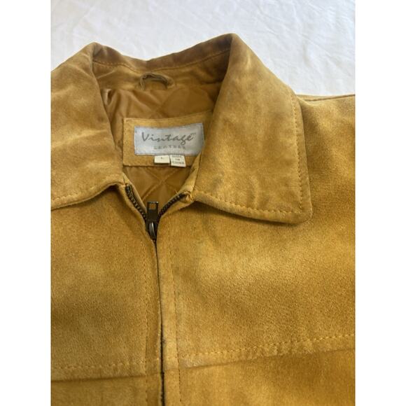 VINTAGE Leather Men’s Size L Tan Suede Jacket Boxy Zip Up 90’s Western Classic - Picture 10 of 15